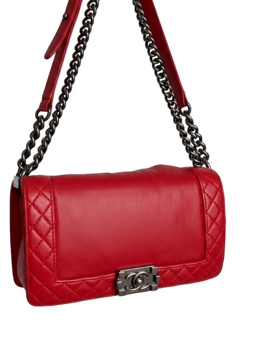 CHANEL Boy Flap Shoulder Bag Red Leather Ruthenium Hardware Chain Strap